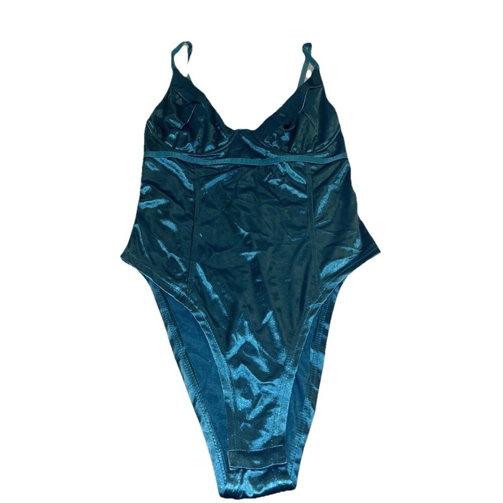 Large Teal Blue Satin Underwire One Piece High Cut High Leg Shimmer Sleeveless